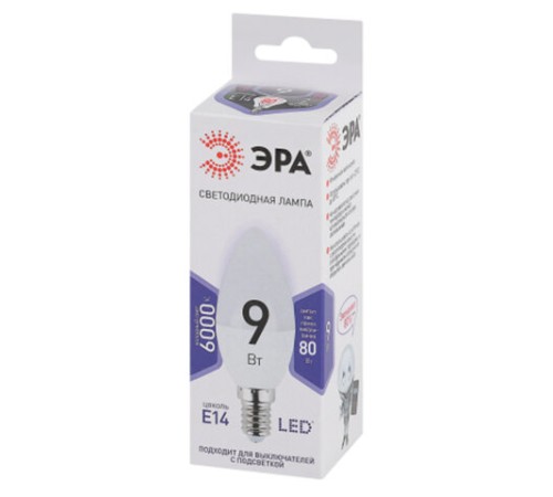Лампа светодиодная ЭРА STD, 9 (80) Вт, цоколь E14, свеча, холодный белый свет, 35000 ч., LED B35-9W-860-E14, Б0031403