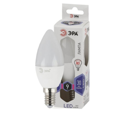 Лампа светодиодная ЭРА STD, 9 (80) Вт, цоколь E14, свеча, холодный белый свет, 35000 ч., LED B35-9W-860-E14, Б0031403