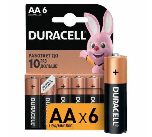 Батарейки КОМПЛЕКТ 6 шт., DURACELL Basic ОРИГИНАЛ, АА (LR6,15А), алкалиновые, пальчиковые, Б0014859