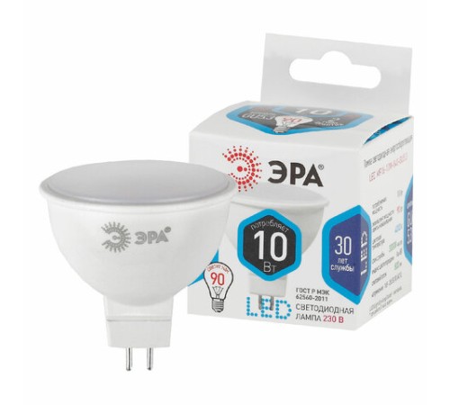 Лампа светодиодная ЭРА STD, 10 (90) Вт, цоколь GU5.3, софит, нейтральный белый свет, 35000 ч., LED MR1610W840GU5.3, Б0032996