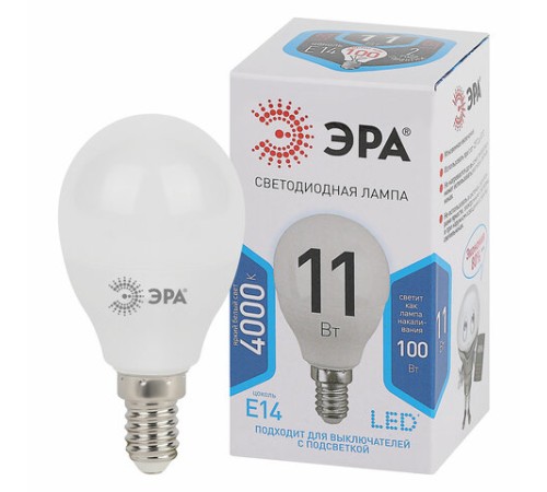 Лампа светодиодная ЭРА STD, 11 (100) Вт, цоколь E14, шар, нейтральный белый свет, 35000 ч., LED P45-11W-840-E14, Б0032988