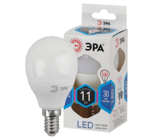 Лампа светодиодная ЭРА STD, 11 (100) Вт, цоколь E14, шар, нейтральный белый свет, 35000 ч., LED P45-11W-840-E14, Б0032988