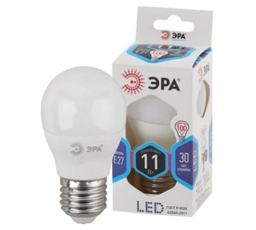 Лампа светодиодная ЭРА STD, 11 (100) Вт, цоколь E27, шар, нейтральный белый свет, 35000 ч., LED P45-11W-840-E27, Б0032989