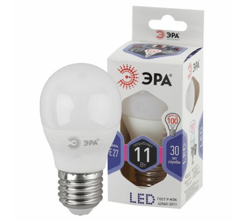 Лампа светодиодная ЭРА STD, 11 (100) Вт, цоколь E27, шар, холодный белый свет, 35000 ч., LED P45-11W-860-E27, Б0032991