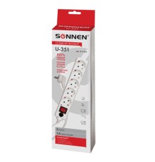 Сетевой фильтр SONNEN U-351, 5 розеток, с заземлением, выключатель, 10 А, 1,8 м, белый, 511424