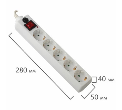 Сетевой фильтр SONNEN U-351, 5 розеток, с заземлением, выключатель, 10 А, 1,8 м, белый, 511424