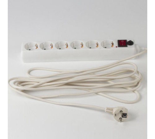 Сетевой фильтр SONNEN U-365, 6 розеток, с заземлением, выключатель, 10 А, 5 м, белый, 511427