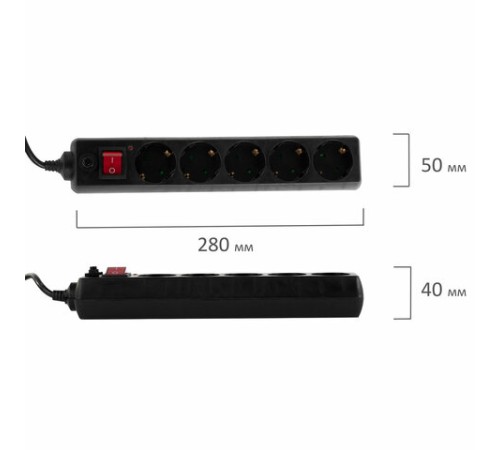 Сетевой фильтр SONNEN U-3518, 5 розеток, с заземлением, выключатель, 10 А, 1,8 м, черный, 513488