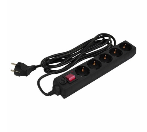 Сетевой фильтр SONNEN U-3513, 5 розеток, с заземлением, выключатель, 10 А, 3 м, черный, 513489