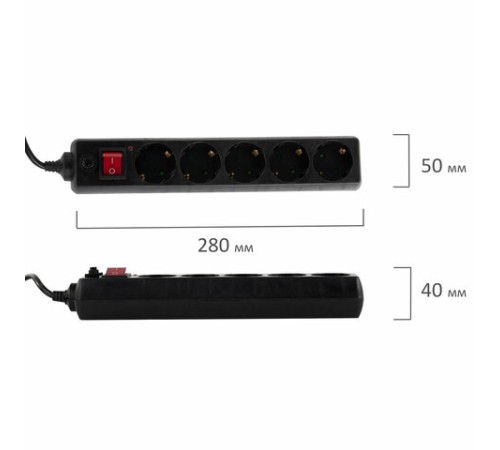 Сетевой фильтр SONNEN U-3513, 5 розеток, с заземлением, выключатель, 10 А, 3 м, черный, 513489