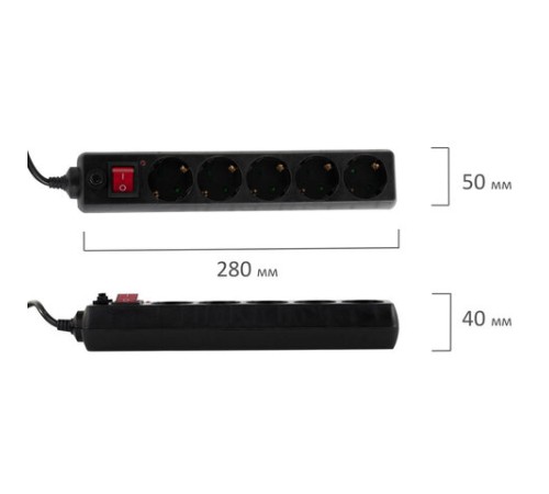 Сетевой фильтр SONNEN U-3515, 5 розеток, с заземлением, выключатель, 10 А, 5 м, черный, 513490