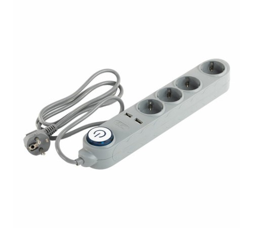 Сетевой фильтр SONNEN DX04, 4 розетки, 2 USB-порта, с заземлением, 10 А, 1,5 м, графит, 513493