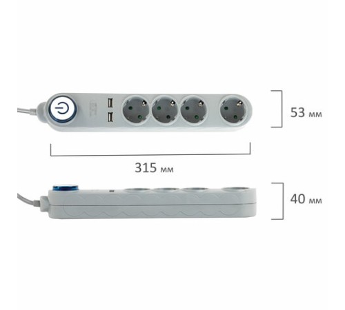 Сетевой фильтр SONNEN DX04, 4 розетки, 2 USB-порта, с заземлением, 10 А, 1,5 м, графит, 513493