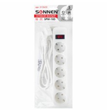 Сетевой фильтр SONNEN SPW-185, 5 розеток с заземлением, выключатель, 10 А, 1,8 м, белый, 513653