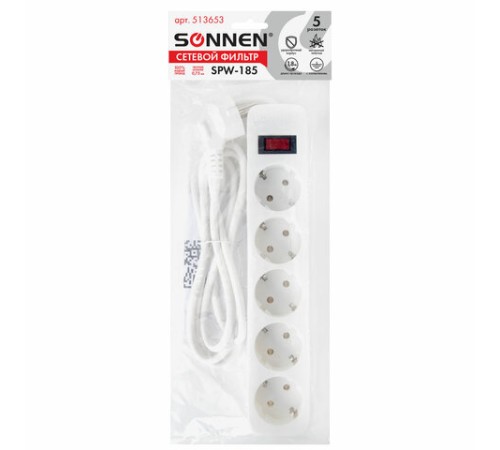 Сетевой фильтр SONNEN SPW-185, 5 розеток с заземлением, выключатель, 10 А, 1,8 м, белый, 513653