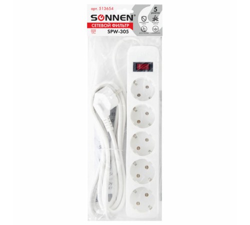 Сетевой фильтр SONNEN SPW-305, 5 розеток с заземлением, выключатель, 10 А, 3 м, белый, 513654