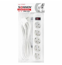 Сетевой фильтр SONNEN SPW-505, 5 розеток с заземлением, выключатель, 10 А, 5 м, белый, 513655