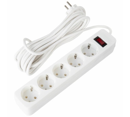 Сетевой фильтр SONNEN SPW-505, 5 розеток с заземлением, выключатель, 10 А, 5 м, белый, 513655