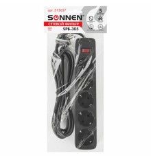 Сетевой фильтр SONNEN SPB-305, 5 розеток с заземлением, выключатель, 10 А, 3 м, черный, 513657