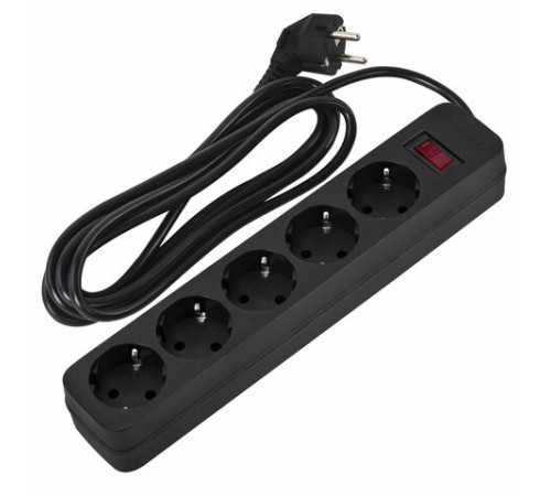Сетевой фильтр SONNEN SPB-305, 5 розеток с заземлением, выключатель, 10 А, 3 м, черный, 513657