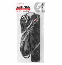 Сетевой фильтр SONNEN SPB-505, 5 розеток с заземлением, выключатель, 10 А, 5 м, черный, 513658