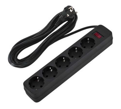 Сетевой фильтр SONNEN SPB-505, 5 розеток с заземлением, выключатель, 10 А, 5 м, черный, 513658