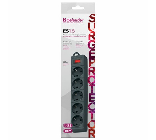 Сетевой фильтр DEFENDER ES, 5 розеток, 1,8 м, черный, 99484