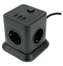 Сетевой фильтр CABLEXPERT Tower, 4 розетки, 10 А, 1 x Type-C PD, 20 Вт, 2 х USB, 2 м, черный, TWR-4-CU2-B-2