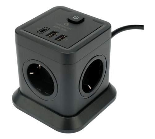 Сетевой фильтр CABLEXPERT Tower, 4 розетки, 10 А, 1 x Type-C PD, 20 Вт, 2 х USB, 2 м, черный, TWR-4-CU2-B-2