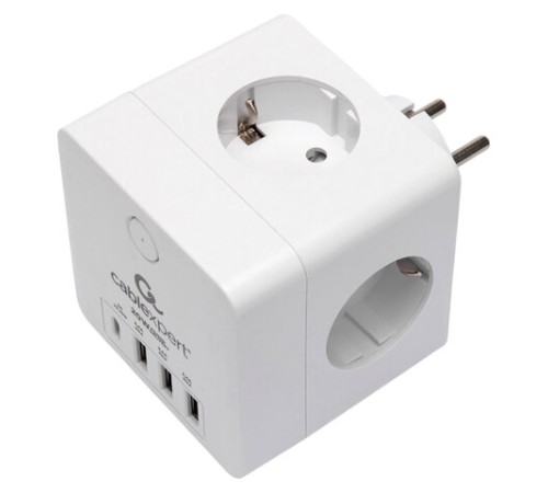 Сетевой фильтр CABLEXPERT Cube, 4 розетки, 16 А, 1 x Type-C PD, 3 х USB, белый, CUBE-4-СU3-W