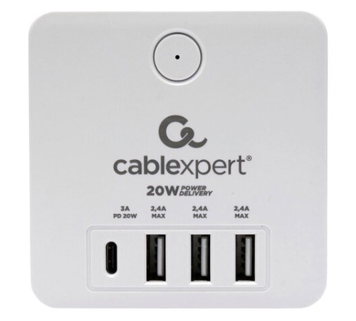 Сетевой фильтр CABLEXPERT Cube, 4 розетки, 16 А, 1 x Type-C PD, 3 х USB, белый, CUBE-4-СU3-W