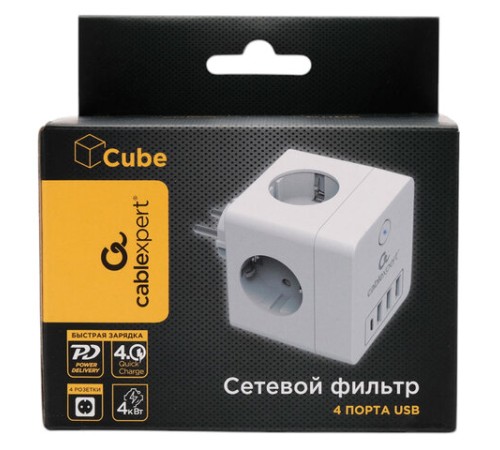 Сетевой фильтр CABLEXPERT Cube, 4 розетки, 16 А, 1 x Type-C PD, 3 х USB, белый, CUBE-4-СU3-W