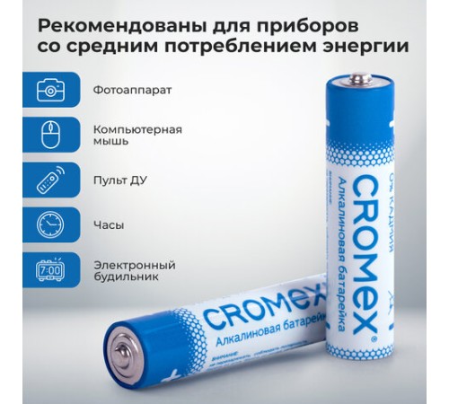 Батарейки алкалиновые "мизинчиковые" КОМПЛЕКТ 4 шт., CROMEX (КРОМЕКС) Alkaline, AAA (LR03, 24А), блистер, 457131 Батарейки алкалиновые "мизинчиковые" КОМПЛЕКТ 4 шт., CROMEX (КРОМЕКС) Alkaline, AAA (LR03, 24А), блистер, 457131