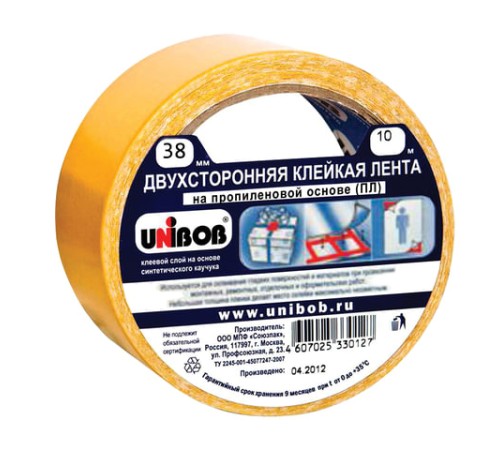 Клейкая двухсторонняя лента 38 мм х 10 м, ПОЛИПРОПИЛЕНОВАЯ ОСНОВА, UNIBOB, 38566