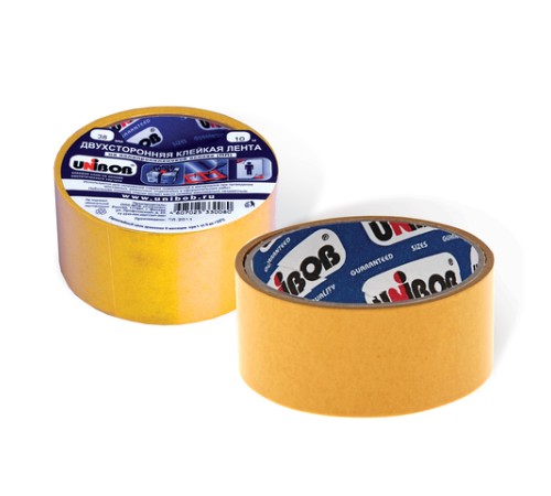 Клейкая двухсторонняя лента 38 мм х 10 м, ПОЛИПРОПИЛЕНОВАЯ ОСНОВА, UNIBOB, 38566