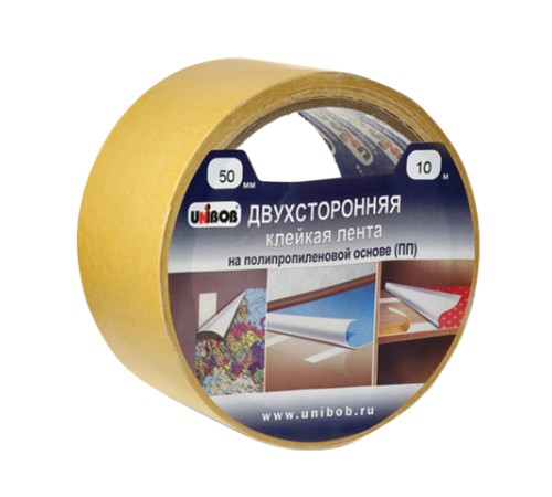 Клейкая двухсторонняя лента 50 мм х 10 м, ПОЛИПРОПИЛЕНОВАЯ ОСНОВА, UNIBOB, 28211