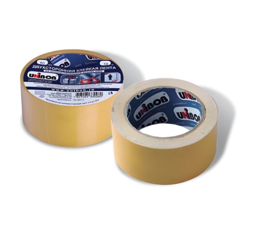 Клейкая двухсторонняя лента 50 мм х 10 м, ПОЛИПРОПИЛЕНОВАЯ ОСНОВА, UNIBOB, 28211