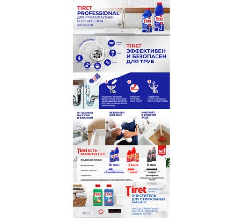 Средство для прочистки канализационных труб 1 л, TIRET (Тирет) Professional, гель