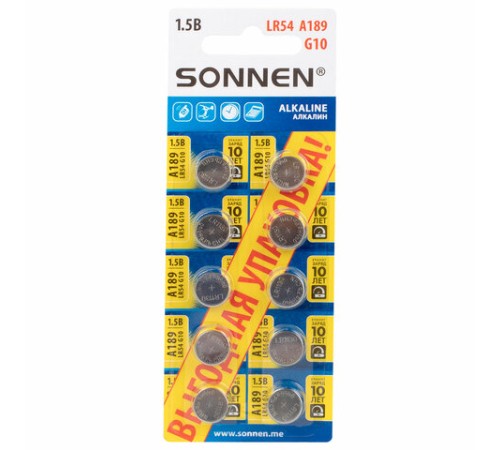 Батарейки алкалиновые "таблетка" КОМПЛЕКТ 10 шт., SONNEN Alkaline 189A (G10, LR54), в блистере, 457136 Батарейки алкалиновые "таблетка" КОМПЛЕКТ 10 шт., SONNEN Alkaline 189A (G10, LR54), в блистере, 457136