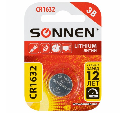 Батарейка литиевая SONNEN Lithium CR1632, "таблетка, дисковая, кнопочная", 1 шт., блистер, 457138