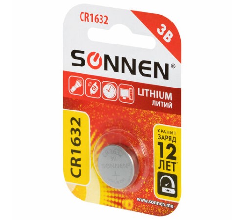 Батарейка литиевая SONNEN Lithium CR1632, "таблетка, дисковая, кнопочная", 1 шт., блистер, 457138