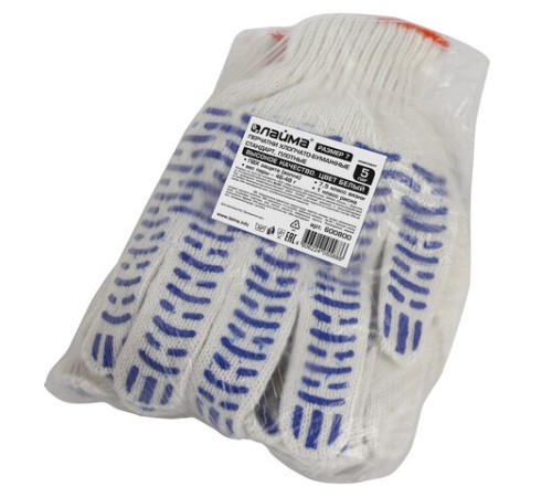 Перчатки хлопчатобумажные, КОМПЛЕКТ 5 ПАР, 7,5 класс, 46-48 г, 166 текс, ПВХ волна, LAIMA 