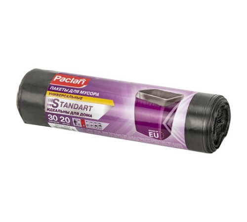 Мешки для мусора 30 л, черные, в рулоне 20 шт., ПНД, 7,3 мкм, 50х60 см, PACLAN 