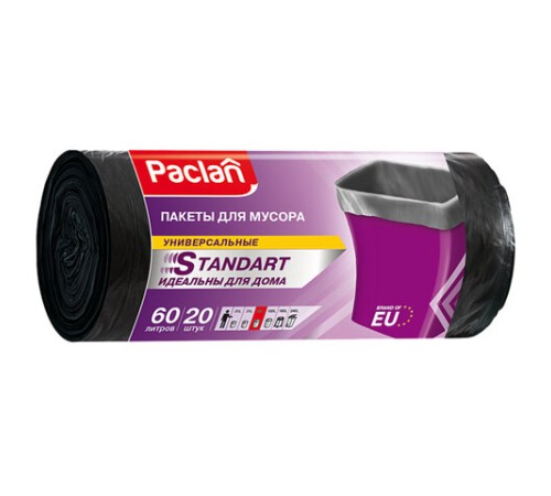 Мешки для мусора 60 л, черные, в рулоне 20 шт., ПНД, 7,4 мкм, 60х72 см, PACLAN 