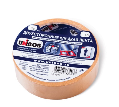 Клейкая двухсторонняя лента 25 мм х 10 м, ПОЛИПРОПИЛЕНОВАЯ ОСНОВА, UNIBOB, 38915