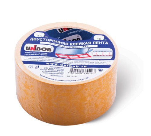 Клейкая двухсторонняя лента 50 мм х 10 м, ТКАНЕВАЯ ОСНОВА, UNIBOB, 28213