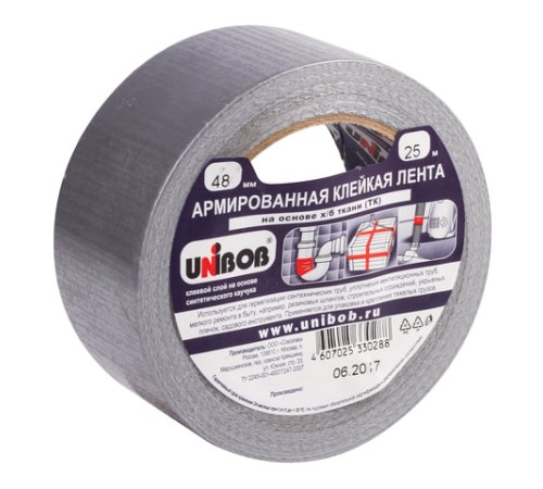 Клейкая лента АРМИРОВАННАЯ 48 мм х 25 м, ТКАНЕВАЯ ОСНОВА, прочная, европодвес, UNIBOB, 29836