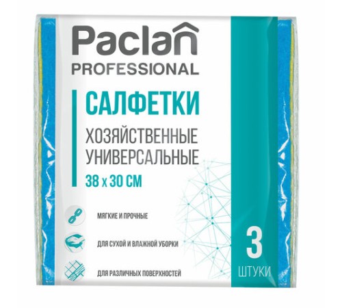 Салфетки универсальные, 30х38 см, КОМПЛЕКТ 3 шт., 90 г/м2, вискоза, PACLAN Professional