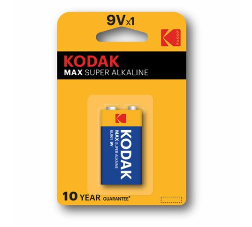 Батарейка алкалиновая 1 шт. KODAK Max Super Alkaline, Крона 9V (6LR61, 6LF22, 1604A), блистер, Б0005130 Батарейка алкалиновая 1 шт. KODAK Max Super Alkaline, Крона 9V (6LR61, 6LF22, 1604A), блистер, Б0005130