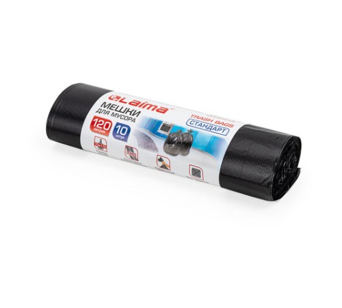 Мешки для мусора 120 л черные в рулоне 10 шт., ПНД 14 мкм, 70х110 см, LAIMA стандарт, 601385